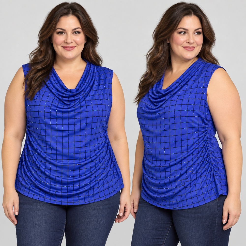 WORTHINGTON WOMAN Top 3X Womens Blue Grid Geometric Ruched Cowl Neck Sleeveless